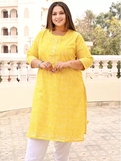 Plus Size Yellow Lehariya Kurti for women