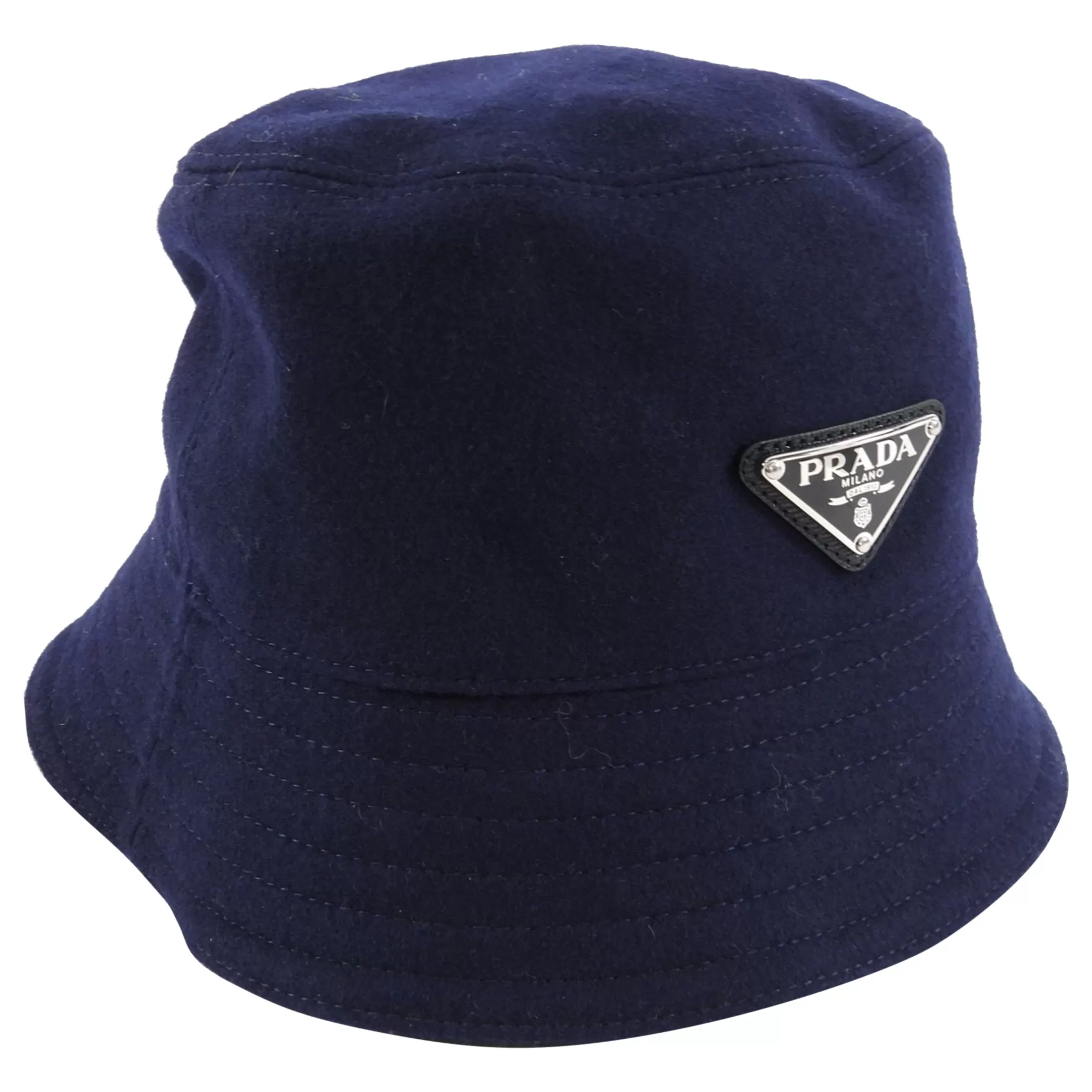 Prada Navy Loden Wool Logo Bucket Hat