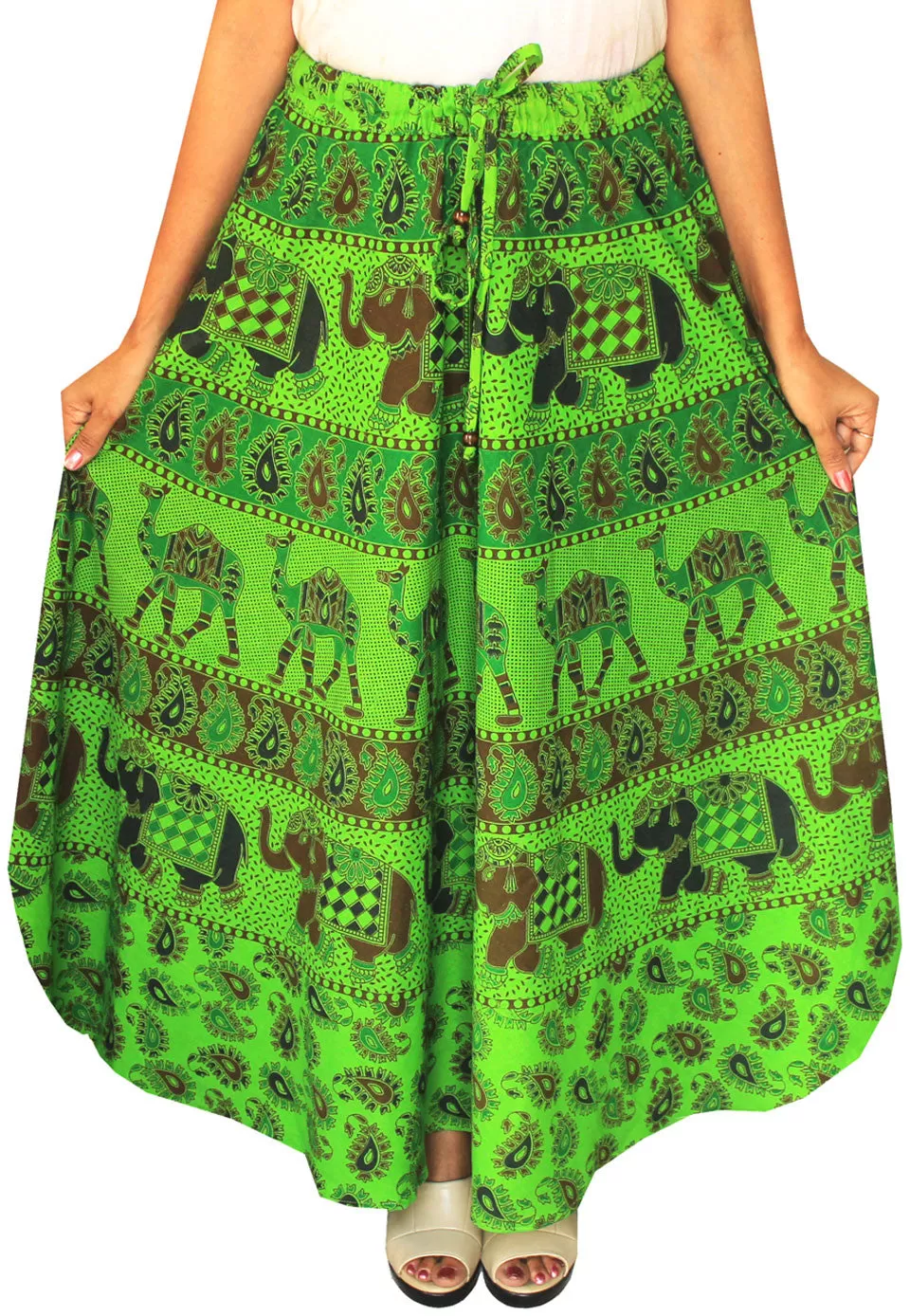 Printed Cotton Womens Long Skirt Indian Clothing (Green)