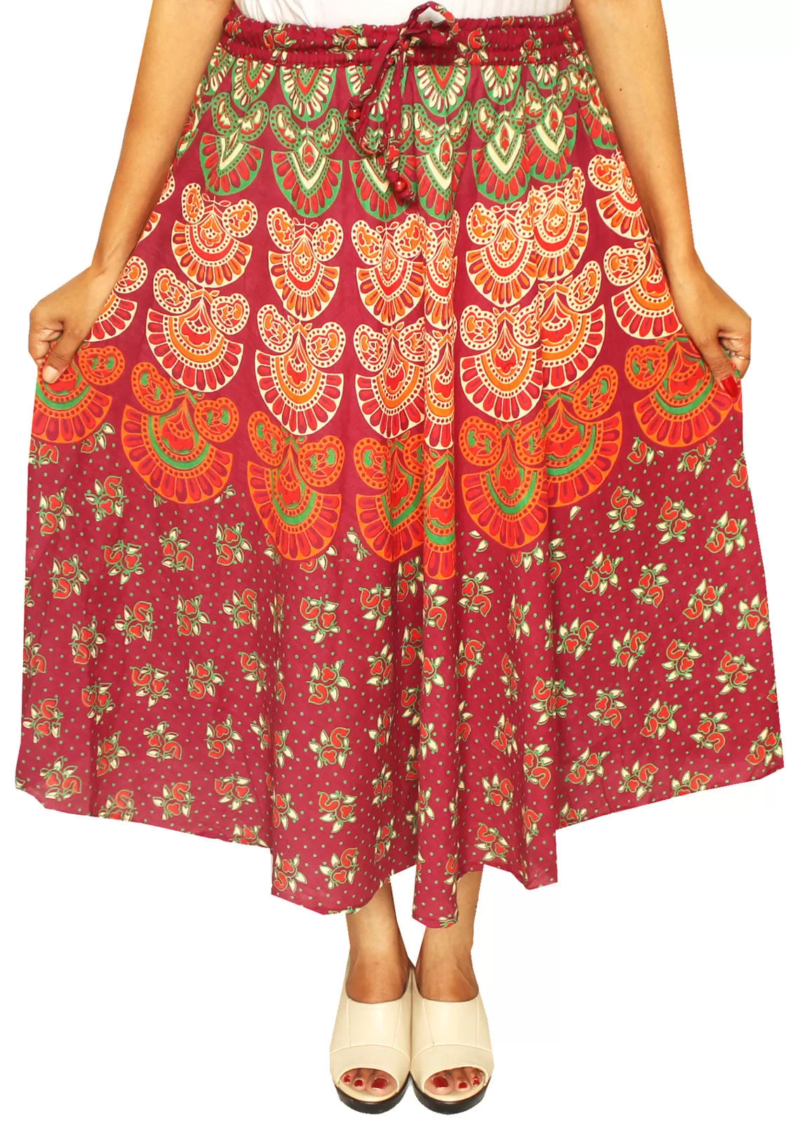 Printed Cotton Womens Long Skirt Indian Clothing (Maroon)