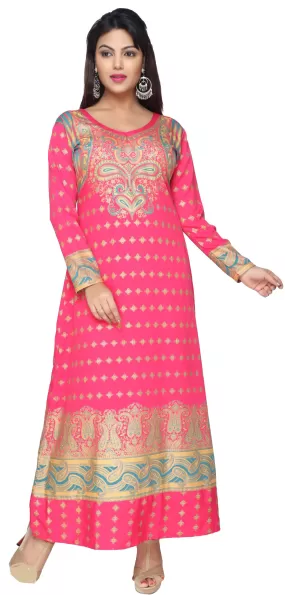 Printed Evening Caftan Women's Long Dress Maxi Abayas (Pink)