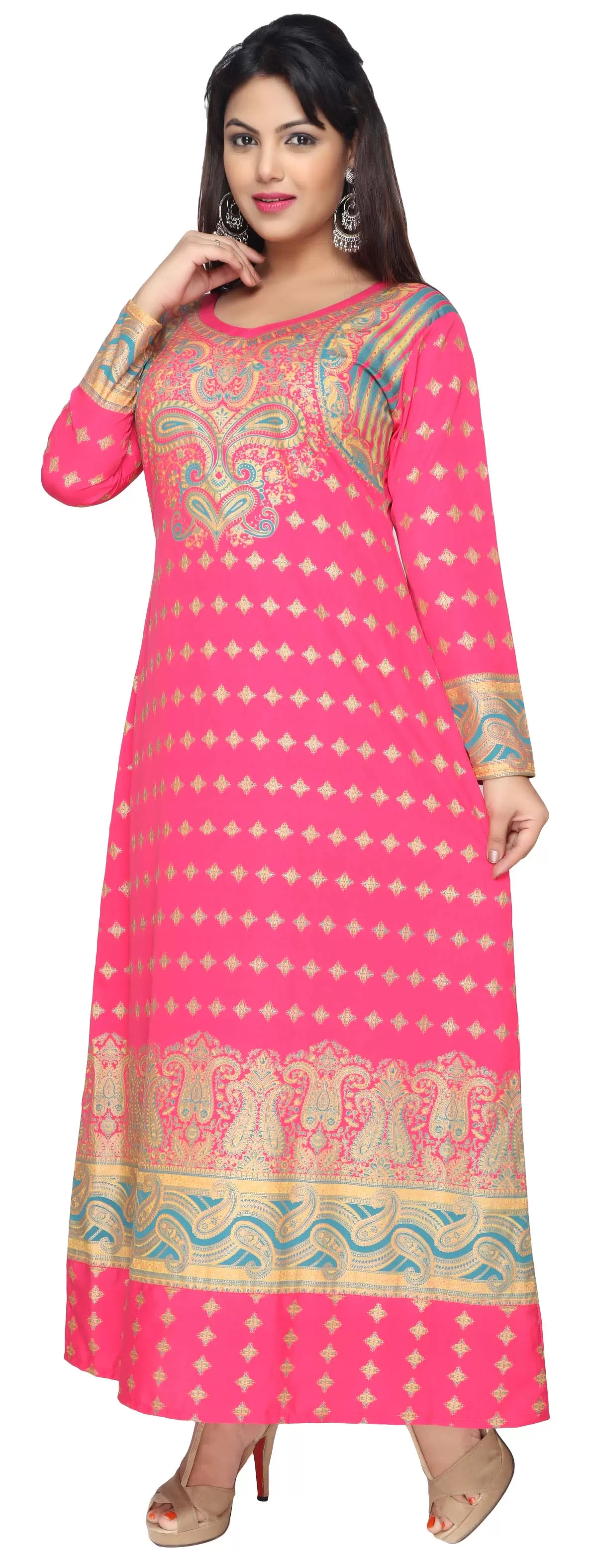 Printed Evening Caftan Women's Long Dress Maxi Abayas (Pink)