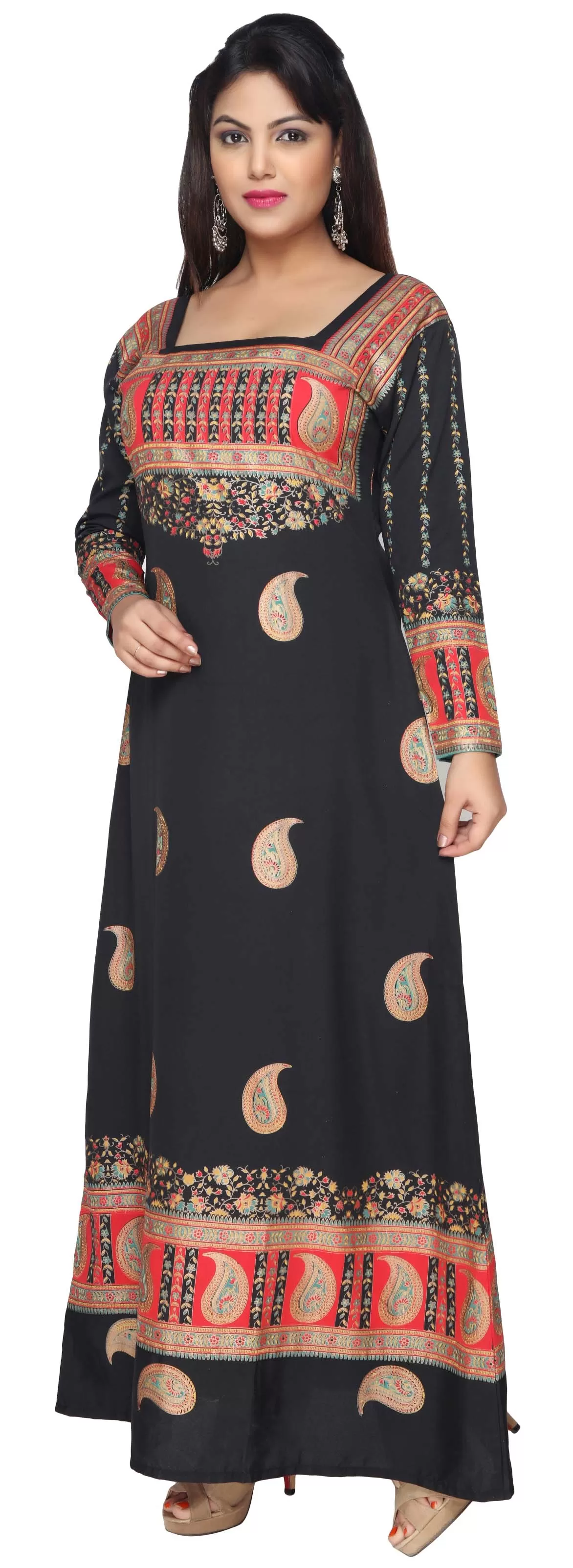 Printed Long Sleeve Kaftan Tunic Long Maxi Dress Women's Abayas (Black)