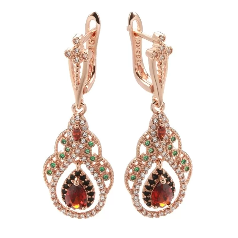 Queen Crystal Flower CZ Ruby Earrings - 585 Rose Gold