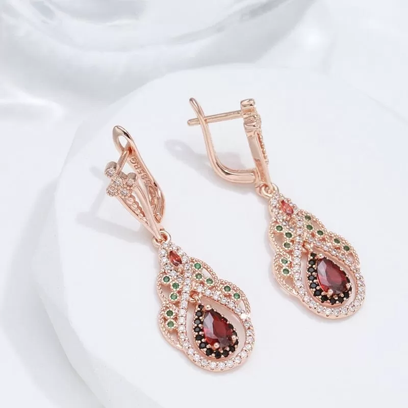 Queen Crystal Flower CZ Ruby Earrings - 585 Rose Gold