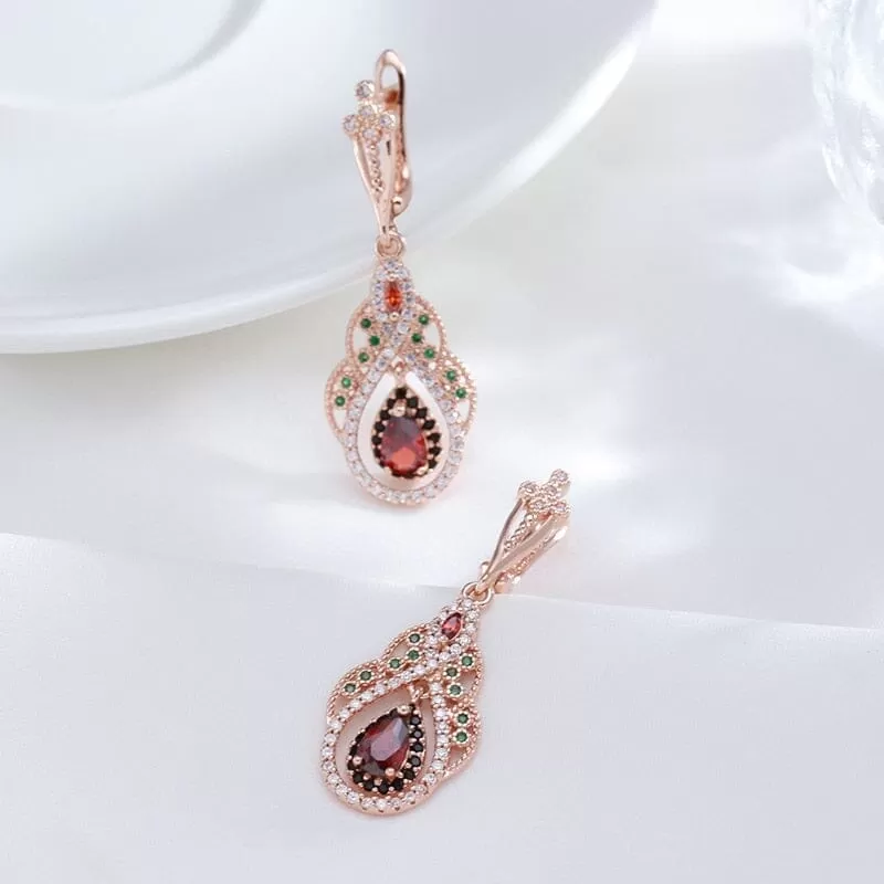 Queen Crystal Flower CZ Ruby Earrings - 585 Rose Gold