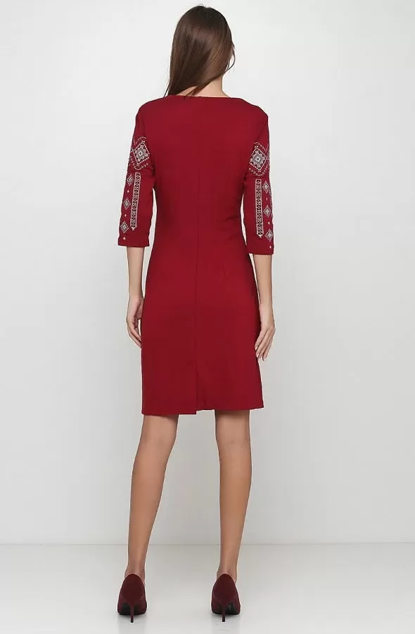 Raspberry Red Embroidered Dress “Grey Geometric”