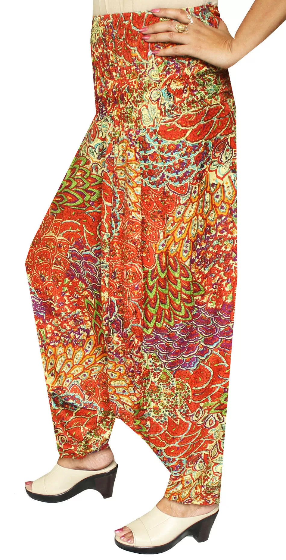 Rayon Womens Smocked Waist Harem Pants (Orange)