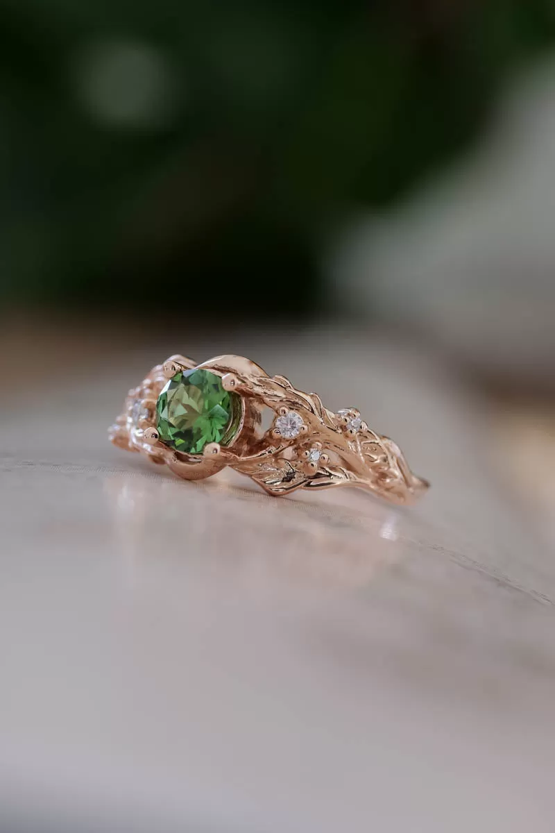 READY TO SHIP: Japanese Maple in 14K rose gold, natural round green tourmaline, 5 mm, moisssanites, RING SIZE 6.25 US