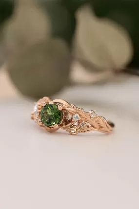 READY TO SHIP: Japanese Maple in 14K rose gold, natural round green tourmaline, 5 mm, moisssanites, RING SIZE 6.25 US