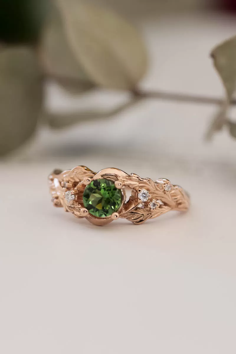 READY TO SHIP: Japanese Maple in 14K rose gold, natural round green tourmaline, 5 mm, moisssanites, RING SIZE 6.25 US