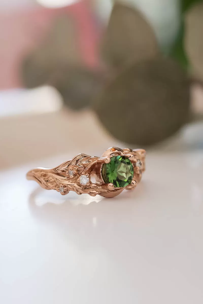 READY TO SHIP: Japanese Maple in 14K rose gold, natural round green tourmaline, 5 mm, moisssanites, RING SIZE 6.25 US