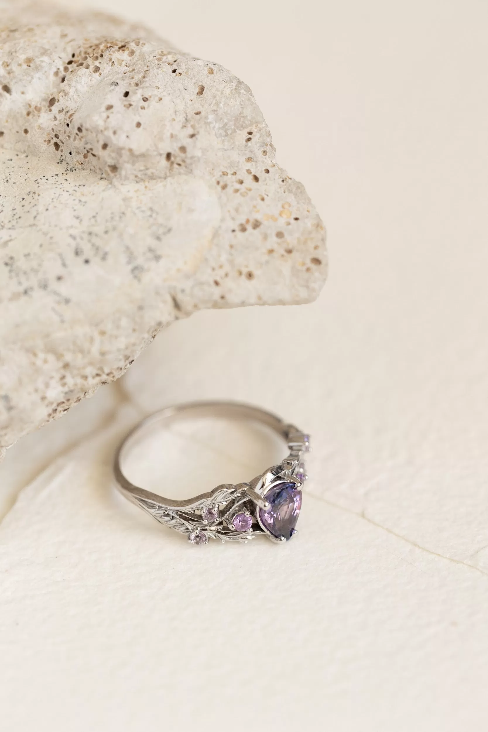 READY TO SHIP: Japanese Maple in 14k white gold natural bicolor purple sapphire nature inspired engagement ring, AVAILABLE RING SIZES: 6-8 US