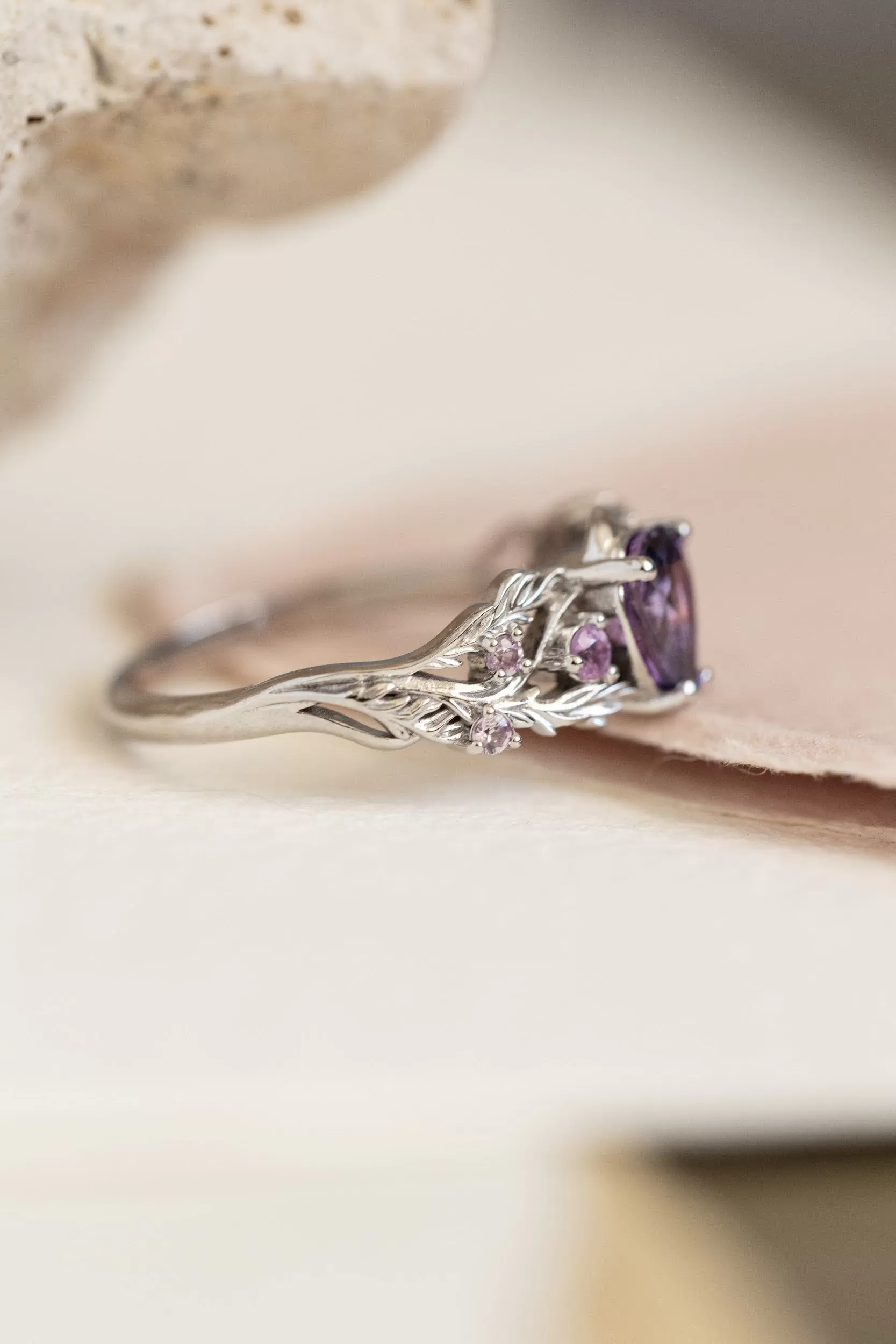 READY TO SHIP: Japanese Maple in 14k white gold natural bicolor purple sapphire nature inspired engagement ring, AVAILABLE RING SIZES: 6-8 US