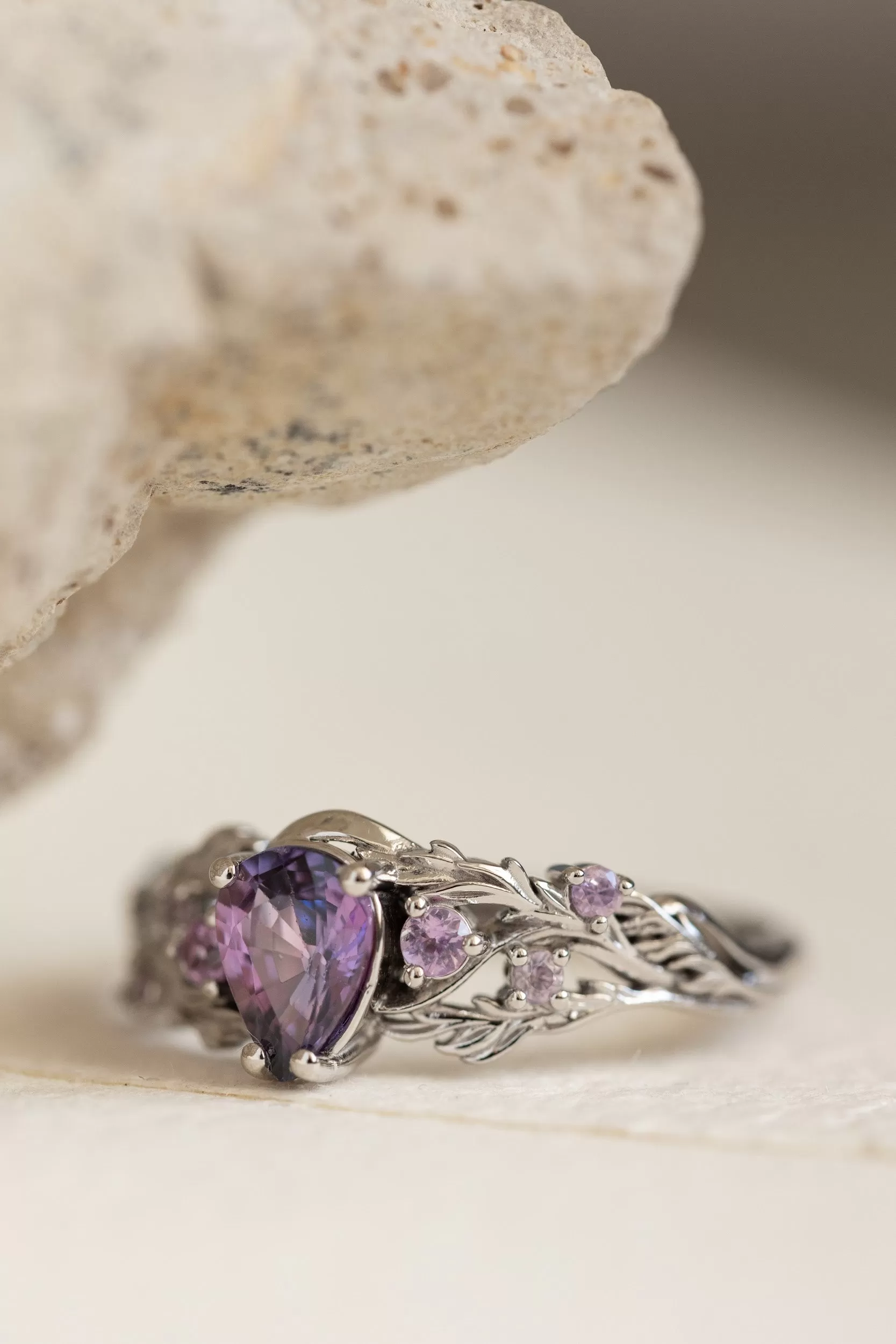 READY TO SHIP: Japanese Maple in 14k white gold natural bicolor purple sapphire nature inspired engagement ring, AVAILABLE RING SIZES: 6-8 US