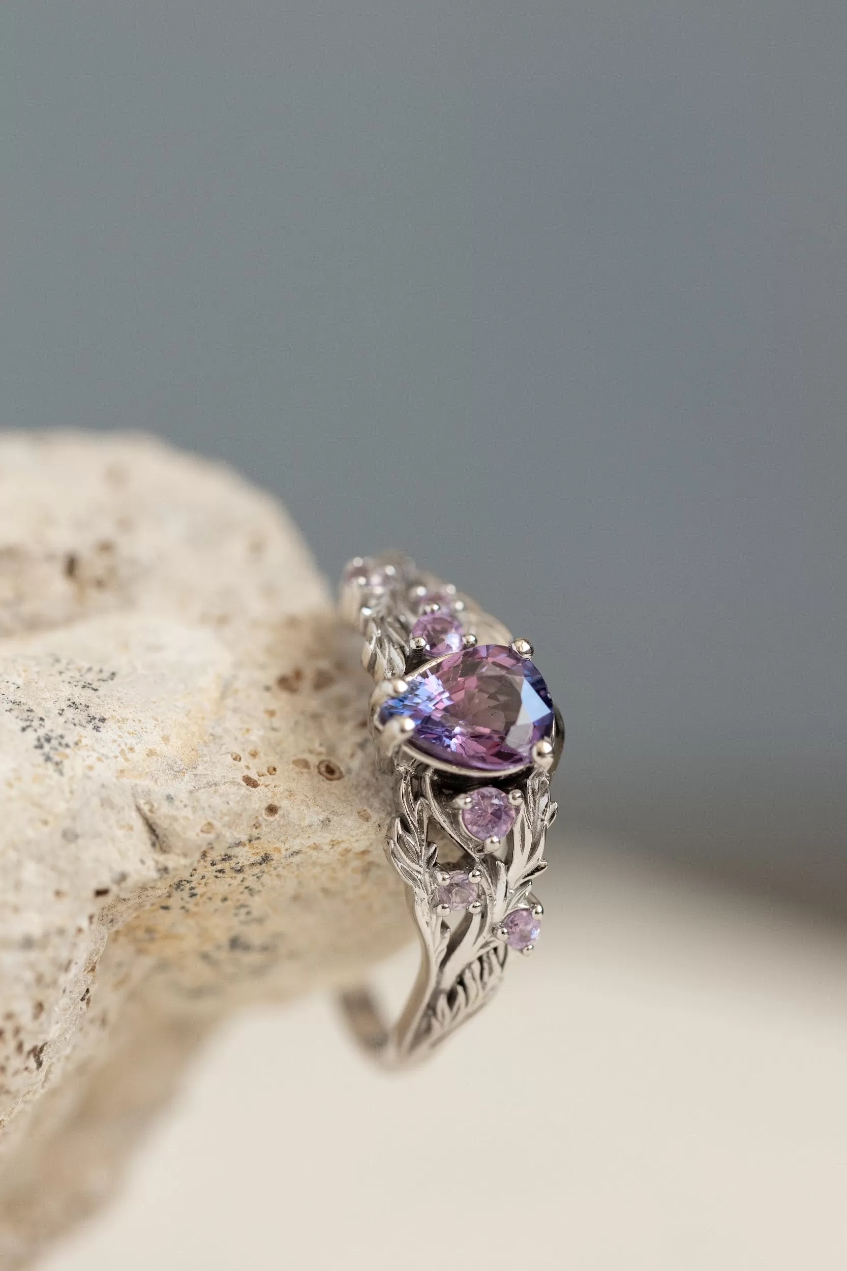 READY TO SHIP: Japanese Maple in 14k white gold natural bicolor purple sapphire nature inspired engagement ring, AVAILABLE RING SIZES: 6-8 US