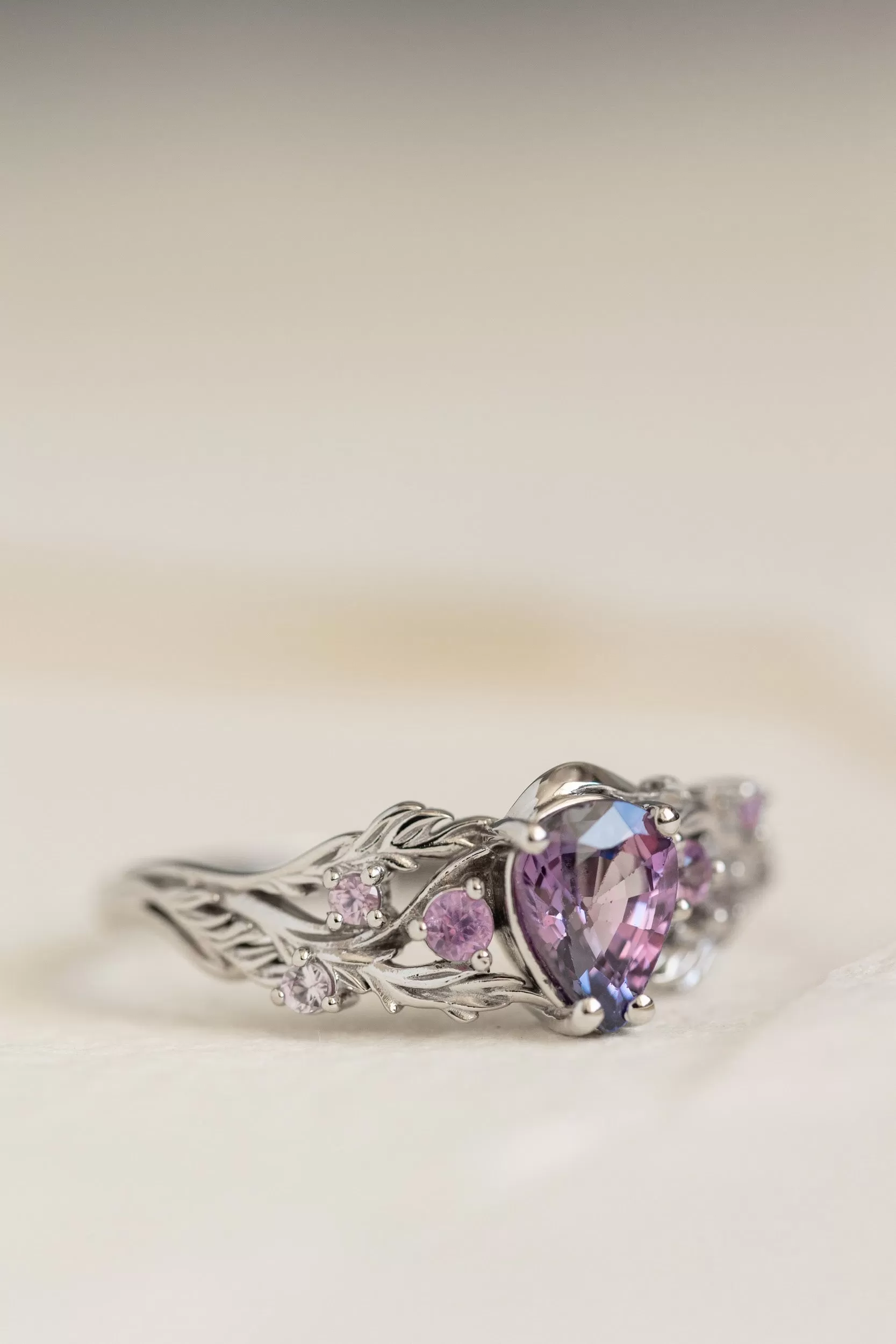 READY TO SHIP: Japanese Maple in 14k white gold natural bicolor purple sapphire nature inspired engagement ring, AVAILABLE RING SIZES: 6-8 US