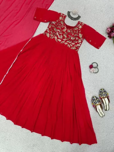 Red Designer Georgette Thread Sequenced Anarkali With Dupatta 2Pc