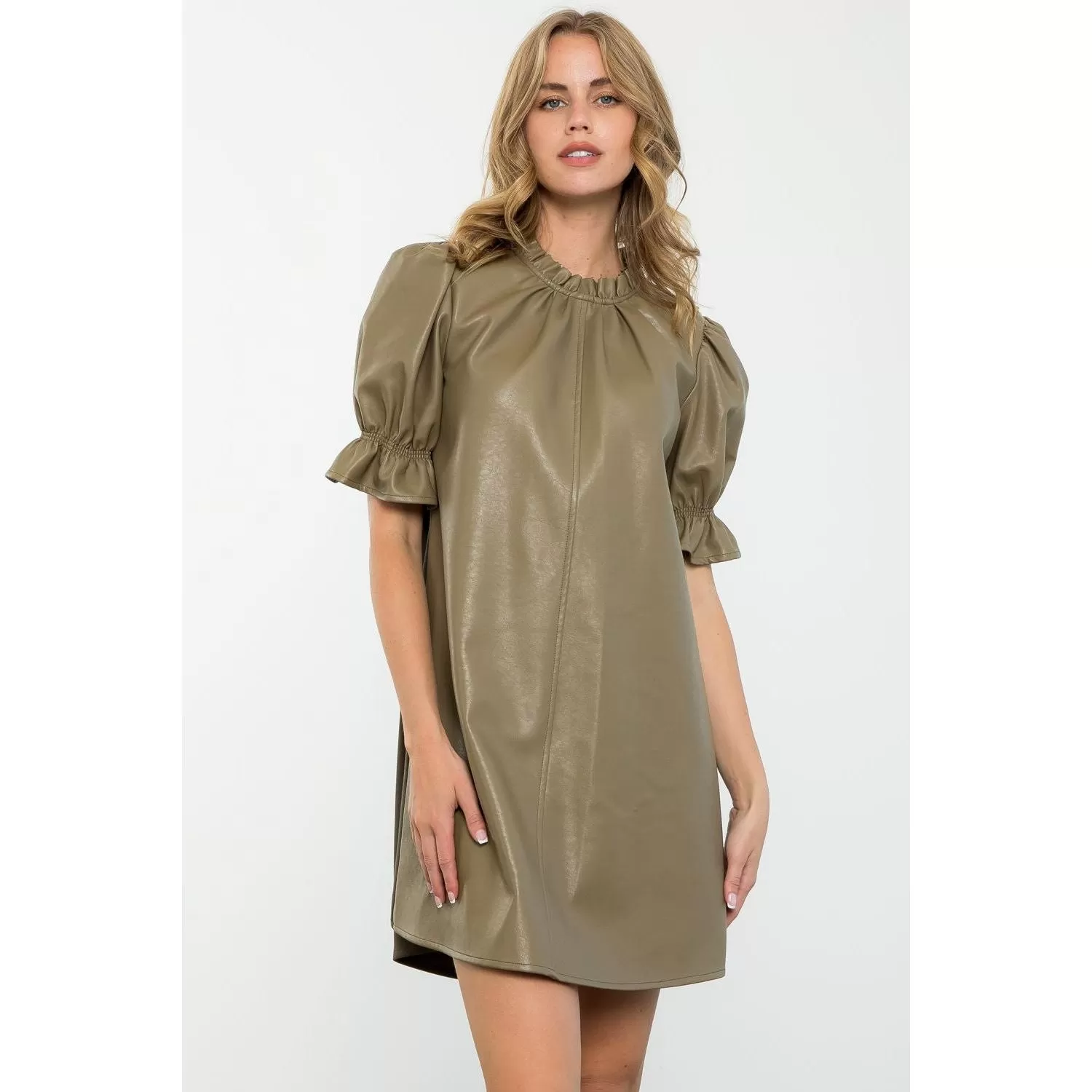 Sally Olive Puff Sleeve Leather THML Dress-SALE