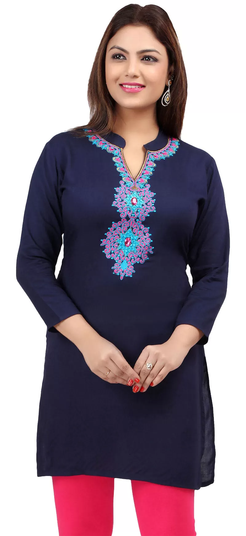 Short Kurti Women's Blouse Embroidered Indian Clothing (Blue)