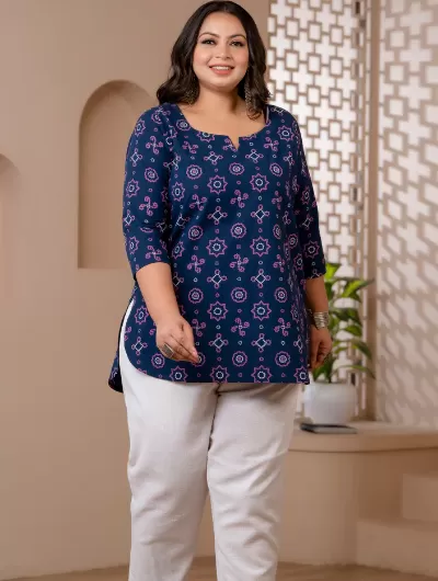 Short Plus Size Kurti Tunic Blue Cotton