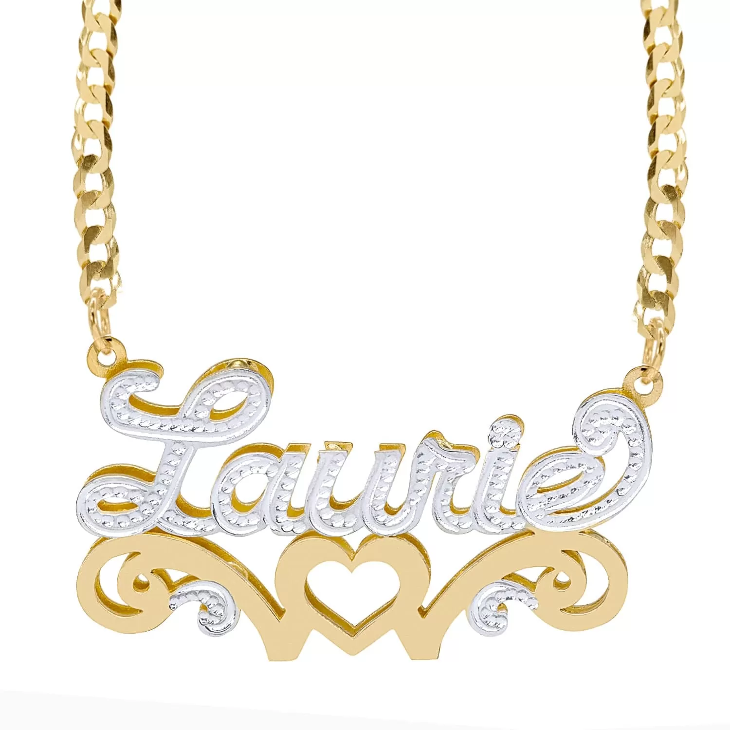 Solid Gold Double Nameplate Necklace w/ Love Heart Laurie