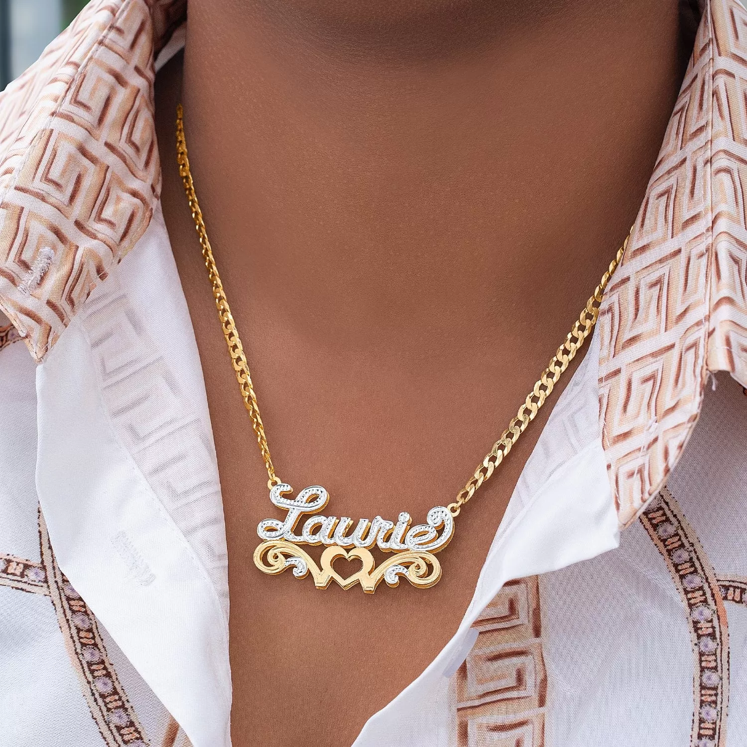 Solid Gold Double Nameplate Necklace w/ Love Heart Laurie