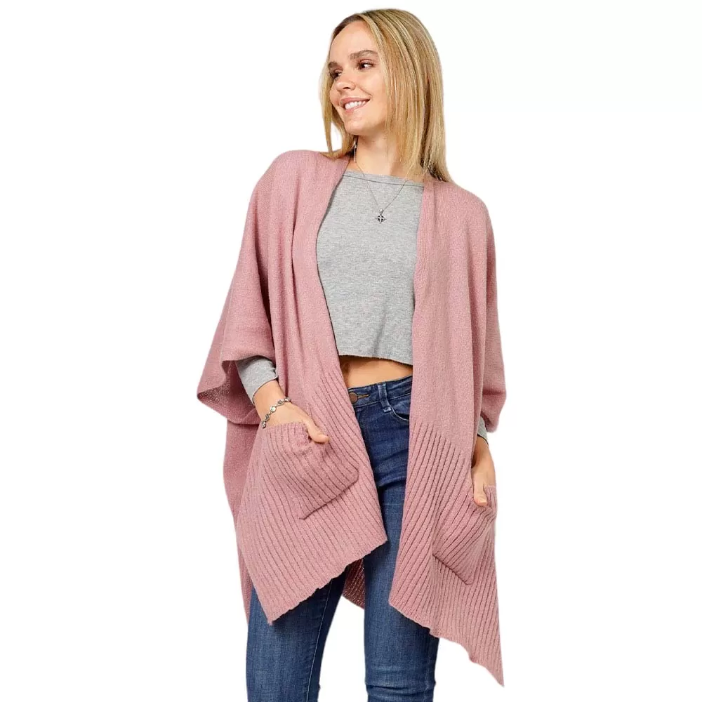 Solid Knit Front Pockets Vest Poncho