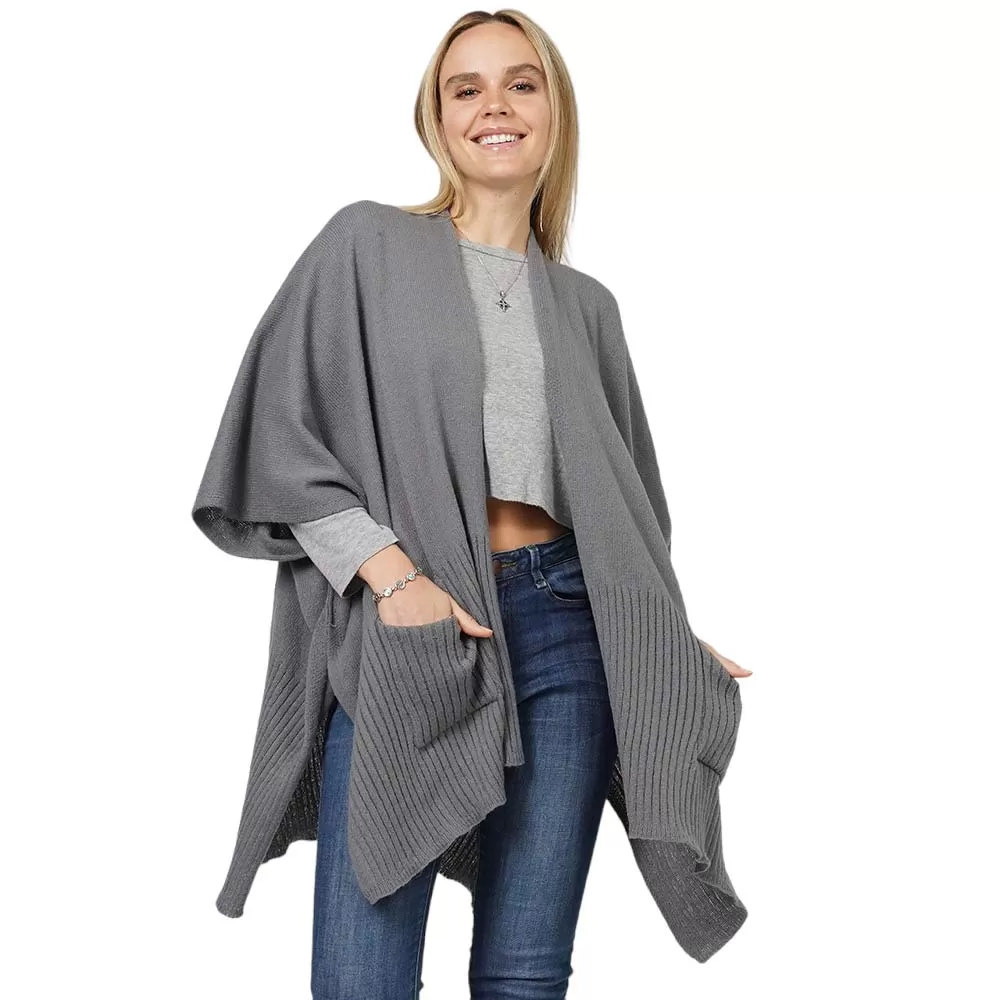 Solid Knit Front Pockets Vest Poncho