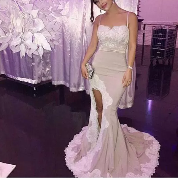 Spaghetti White Lace Sexy Mermaid Side Slit Popular Cheap Prom Dresses Bridesmaid Dress