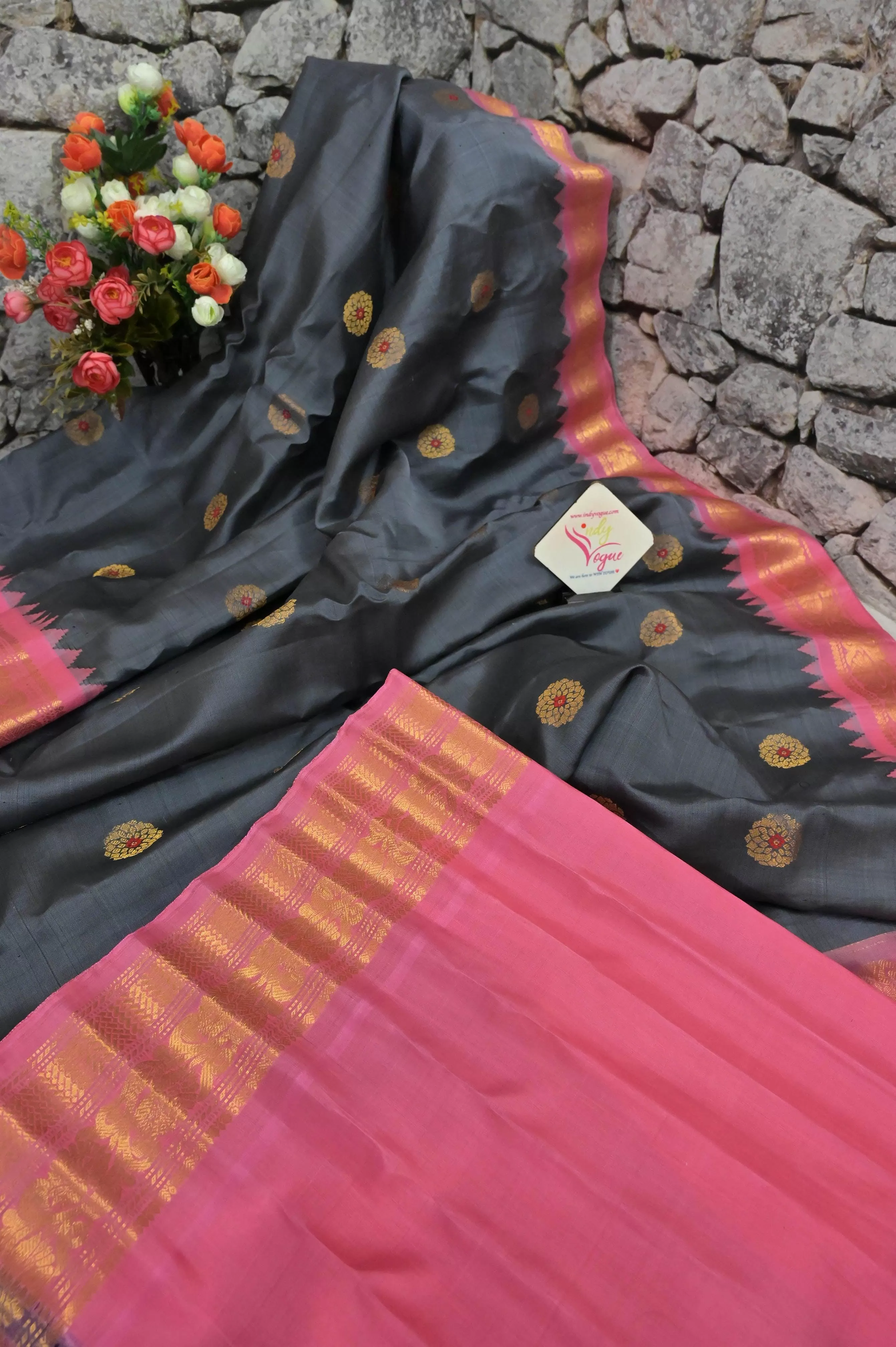 Steel Grey and Pink Color Pure Gadwal Silk Saree with Meenakari Work