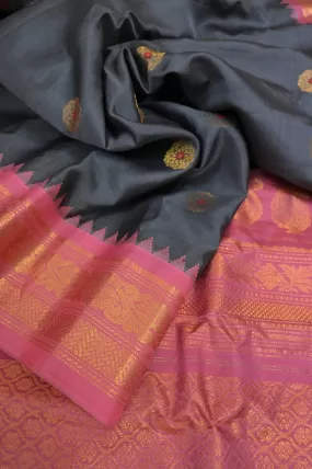 Steel Grey and Pink Color Pure Gadwal Silk Saree with Meenakari Work