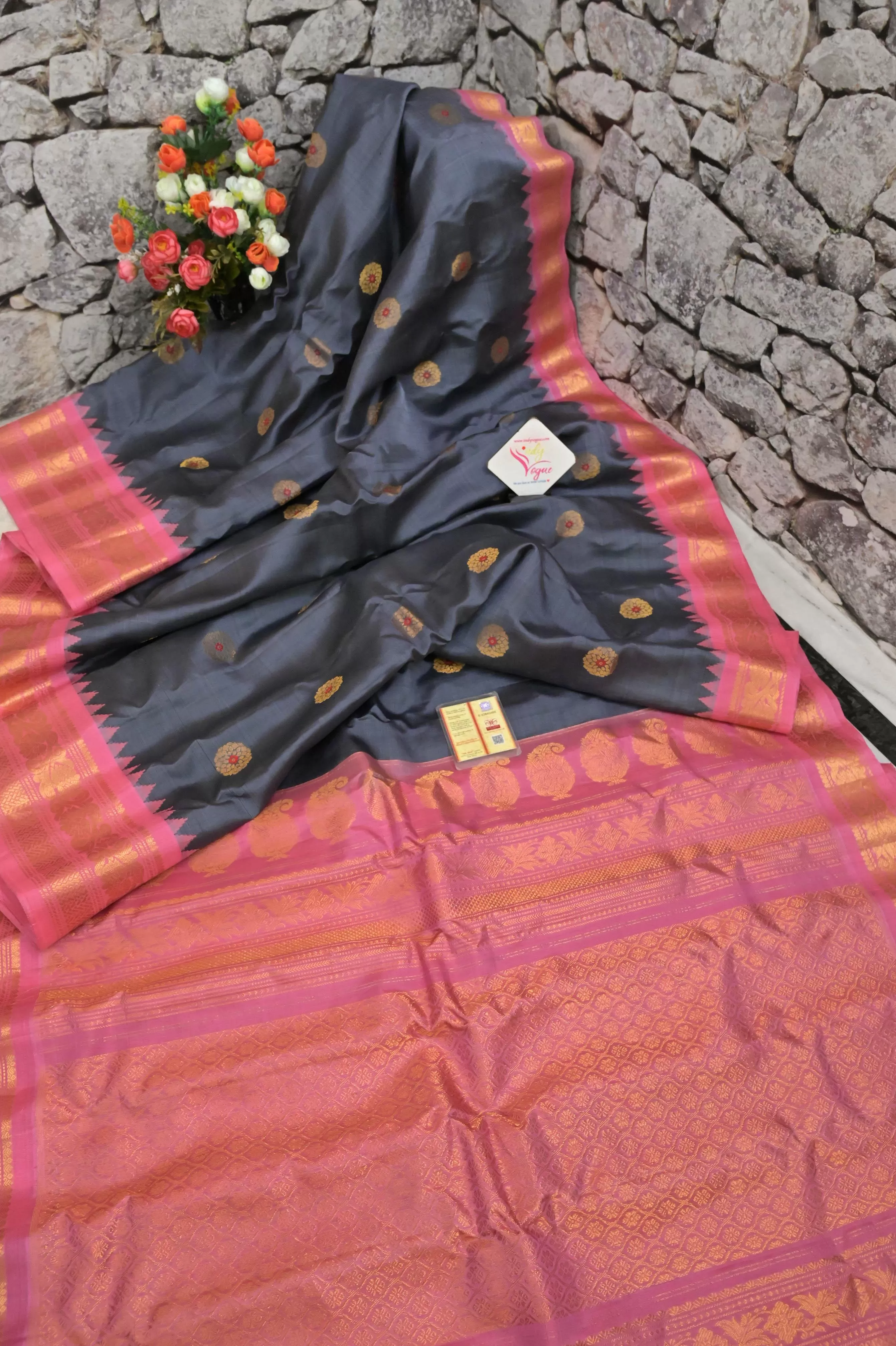 Steel Grey and Pink Color Pure Gadwal Silk Saree with Meenakari Work