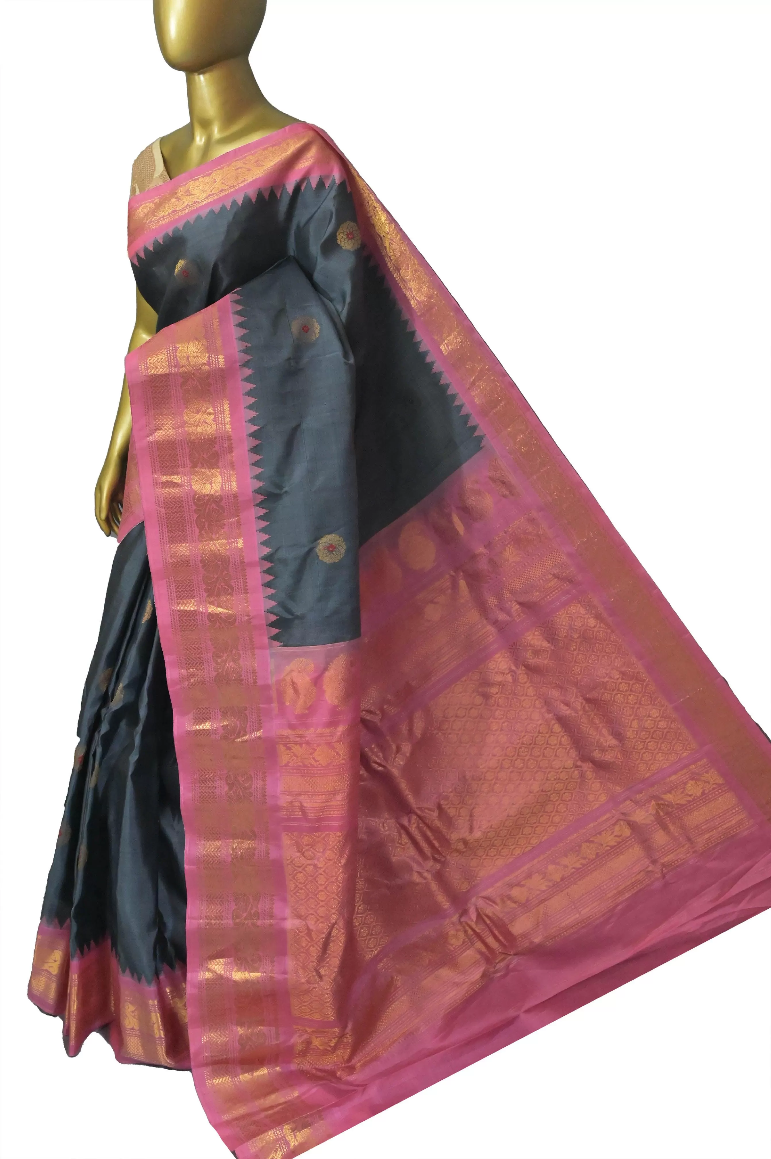 Steel Grey and Pink Color Pure Gadwal Silk Saree with Meenakari Work