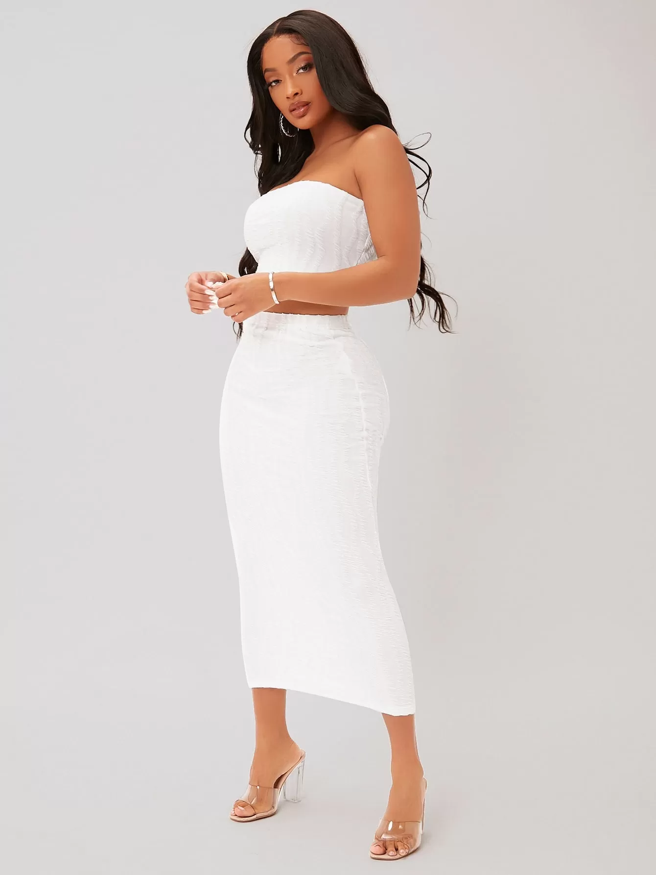 Textured Crop Tube Top Pencil Skirt Set