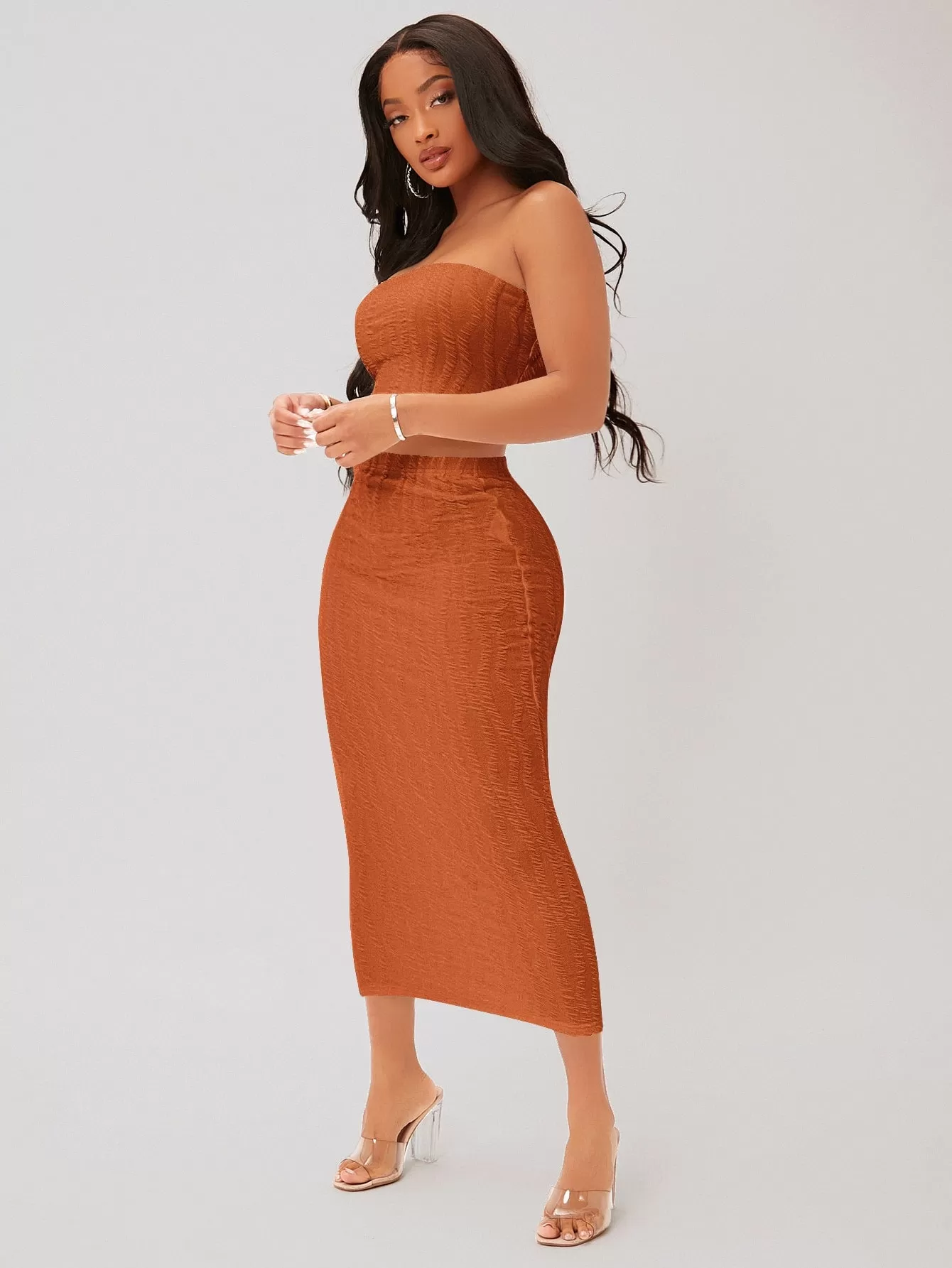 Textured Crop Tube Top Pencil Skirt Set