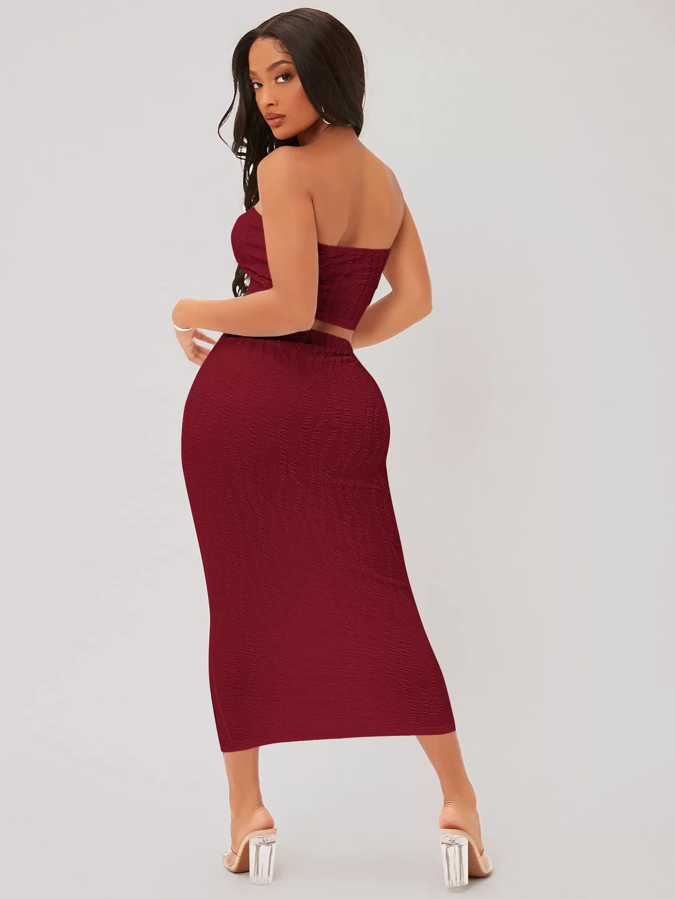 Textured Crop Tube Top Pencil Skirt Set