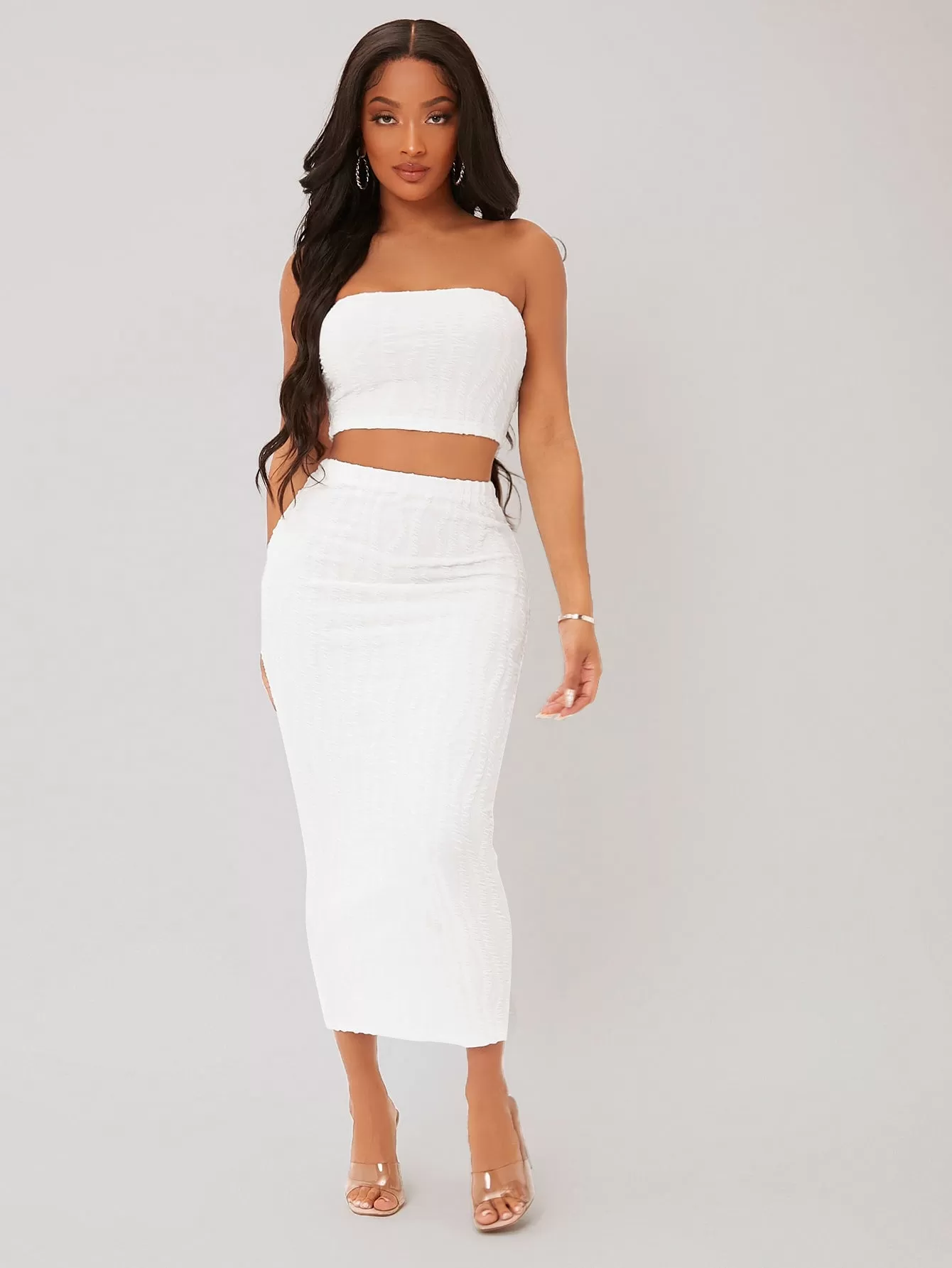 Textured Crop Tube Top Pencil Skirt Set