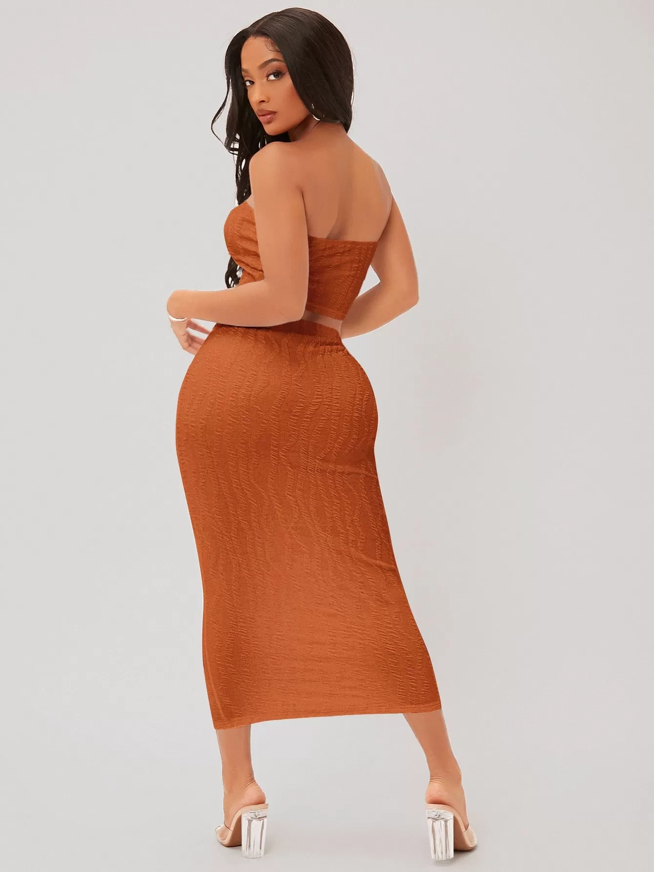 Textured Crop Tube Top Pencil Skirt Set