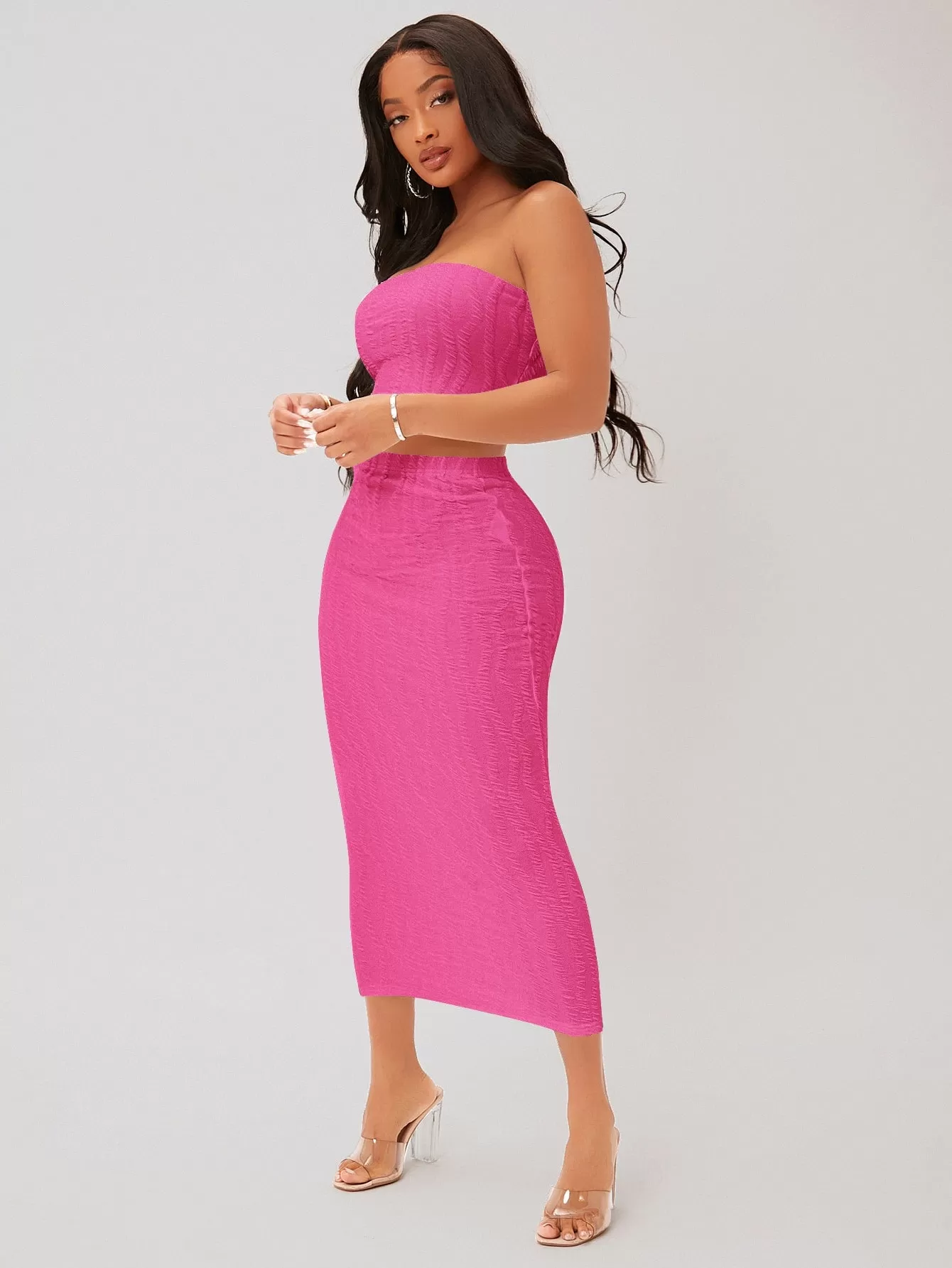 Textured Crop Tube Top Pencil Skirt Set