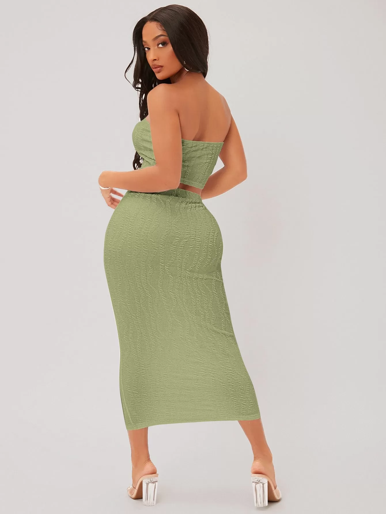 Textured Crop Tube Top Pencil Skirt Set