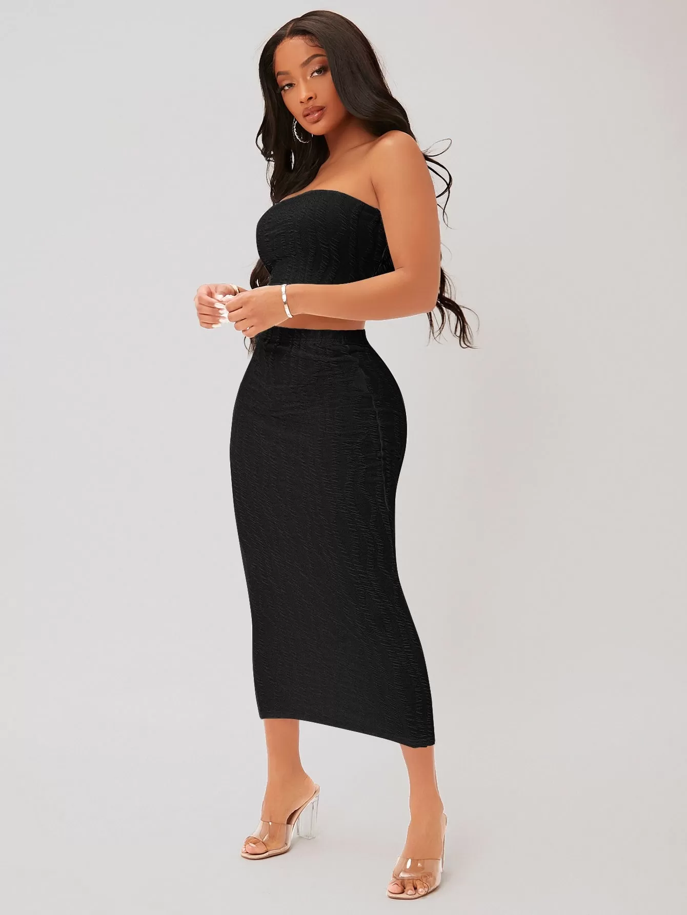 Textured Crop Tube Top Pencil Skirt Set