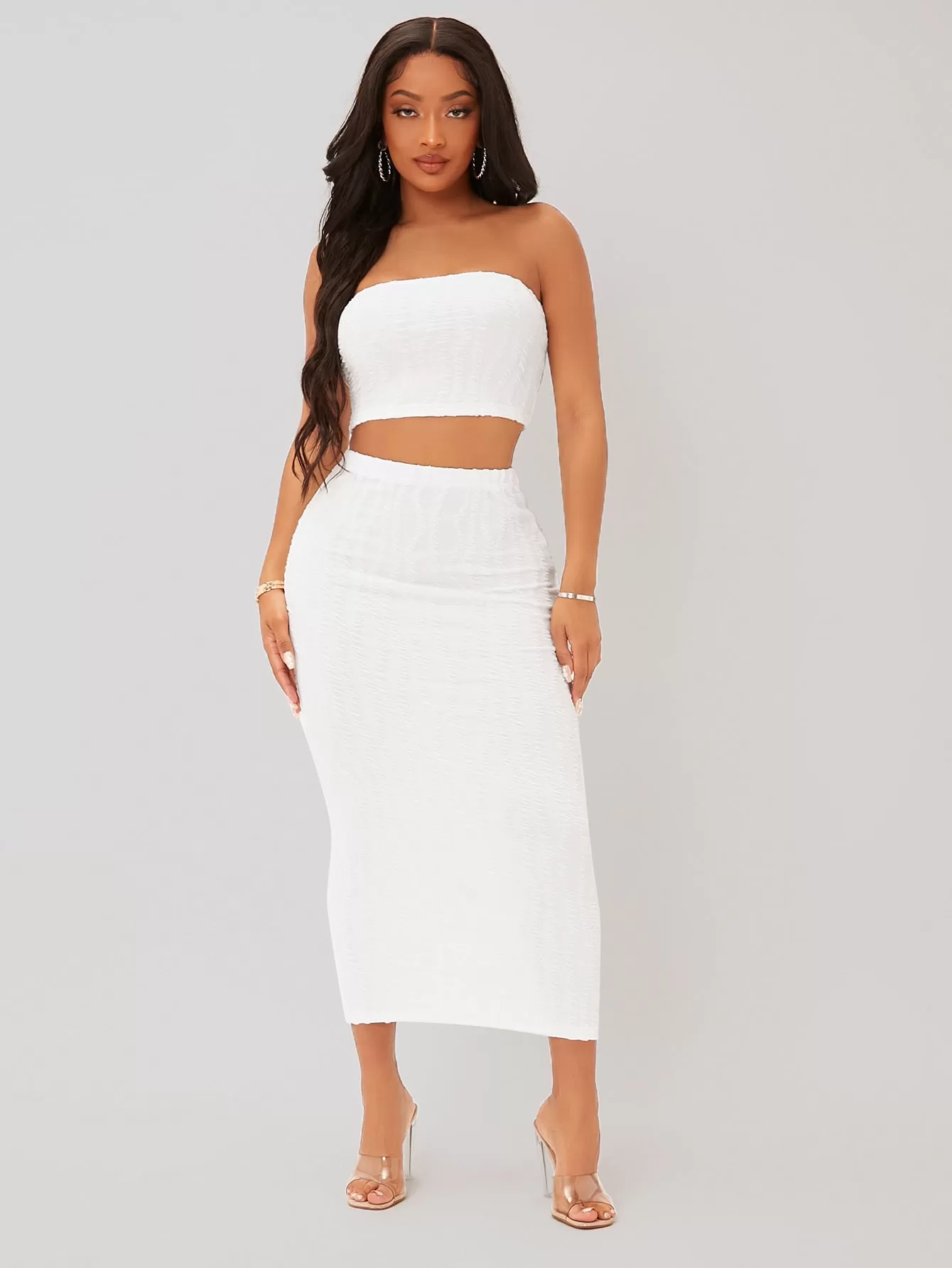 Textured Crop Tube Top Pencil Skirt Set