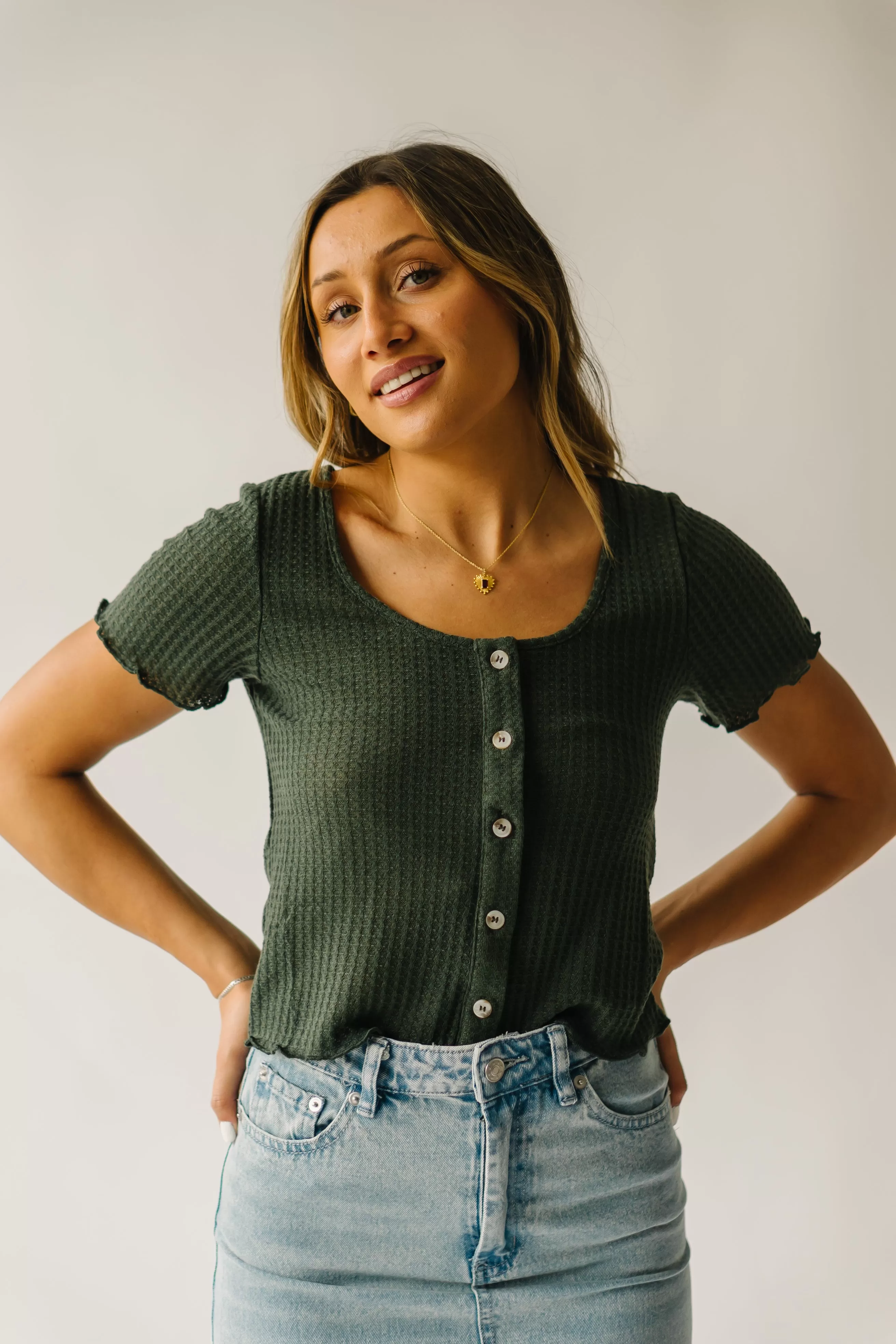 The Arleth Waffle Knit Blouse in Olive