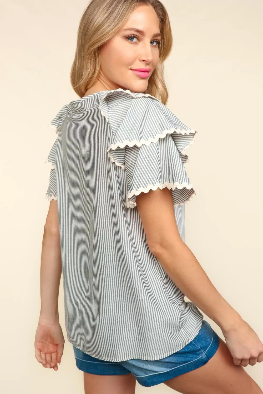 The Bettina Gray Striped Flutter Sleeve Blouse