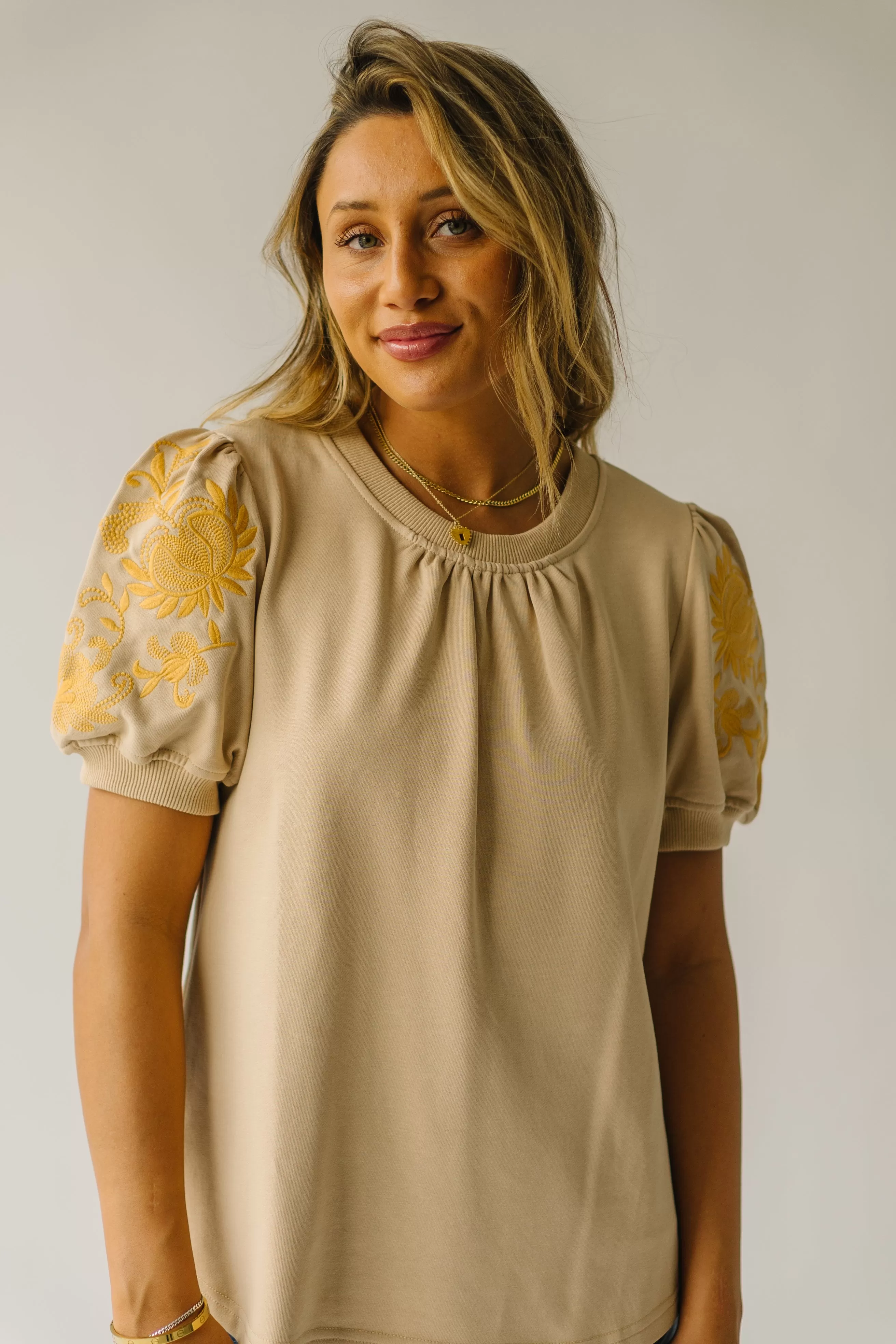 The Fallston Embroidered Blouse in Taupe