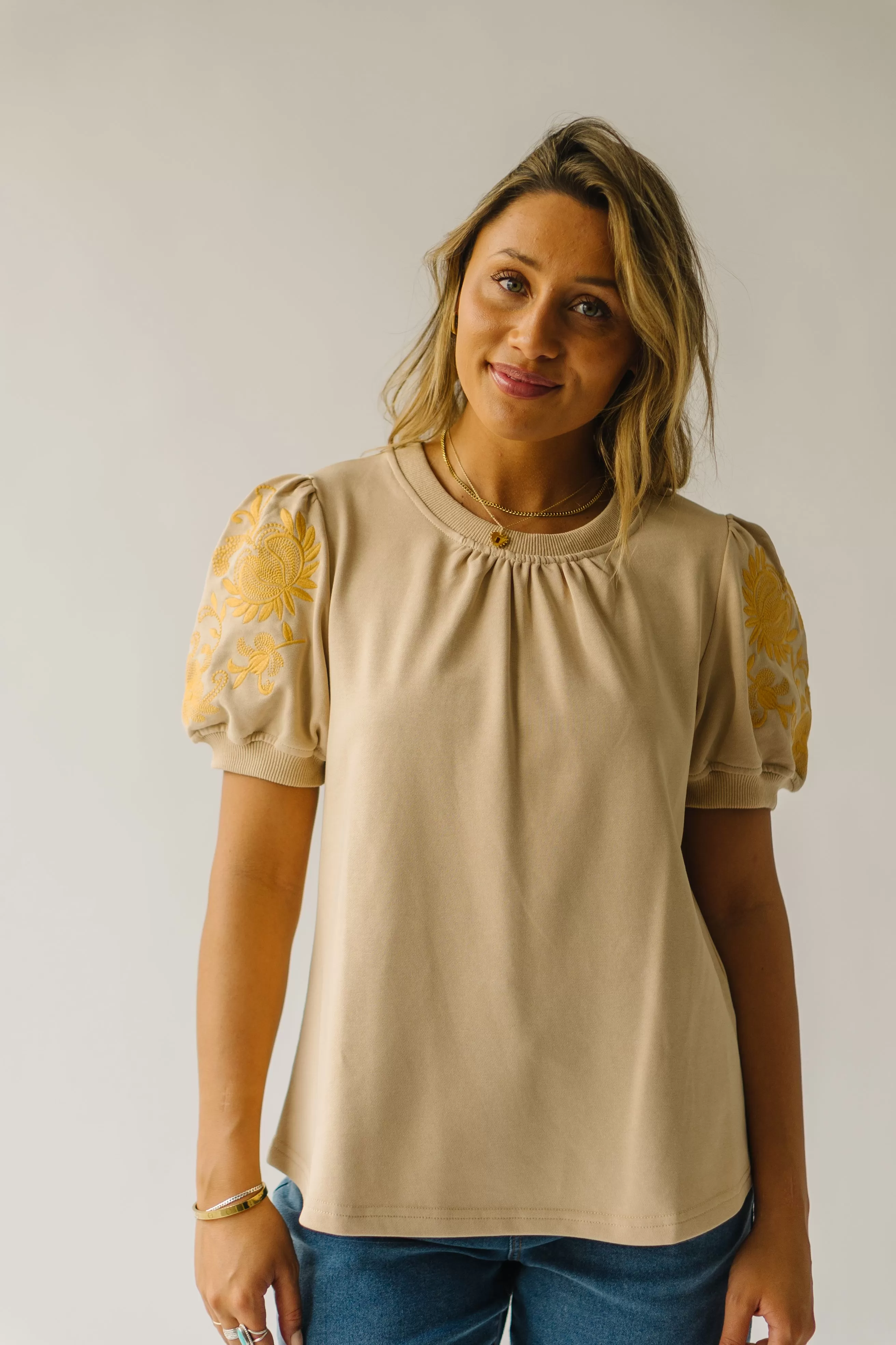 The Fallston Embroidered Blouse in Taupe