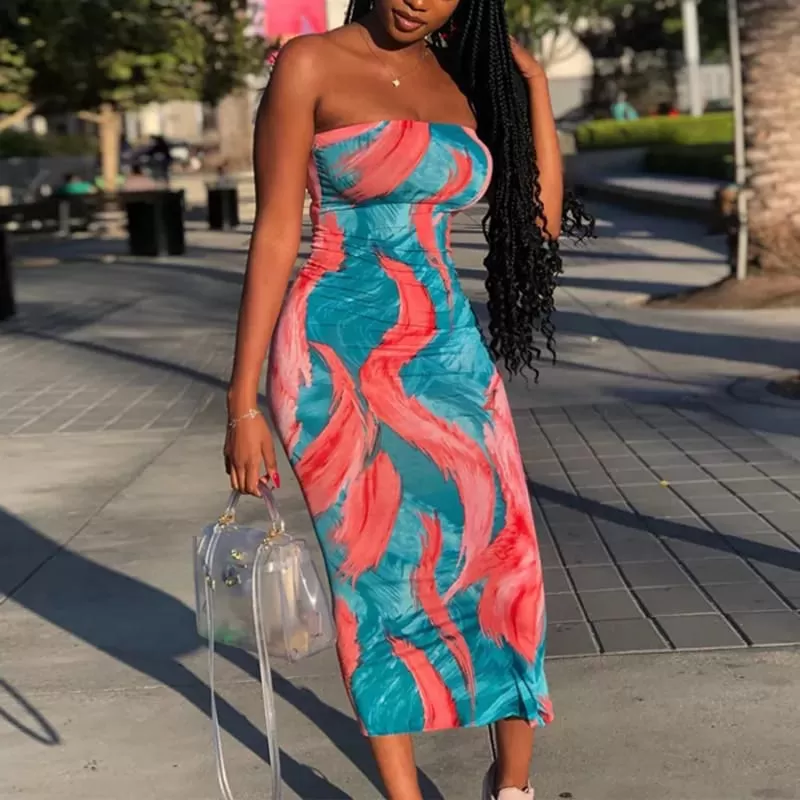 Tie Dye Print Strapless Boob Tube Dress