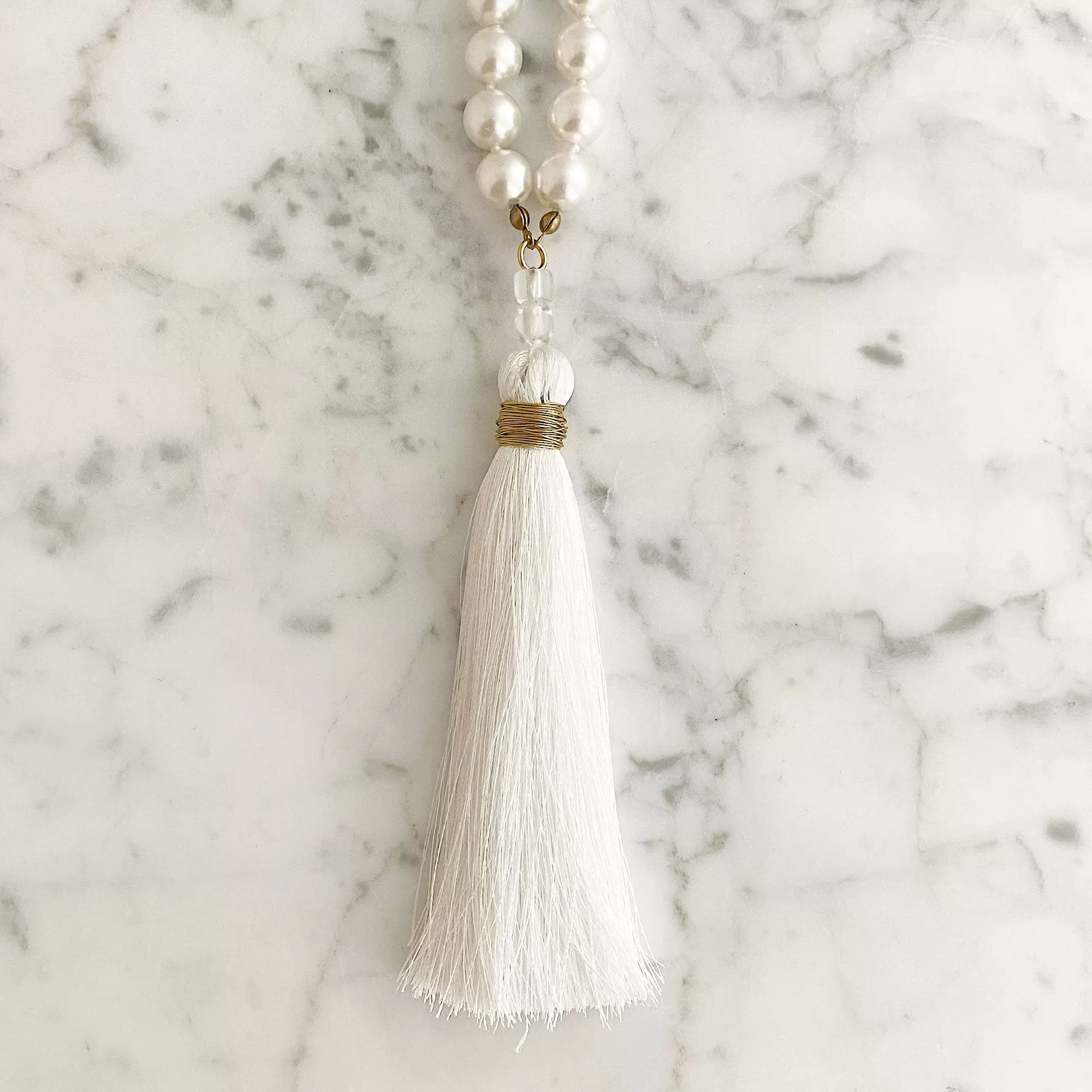 TOVA pearl and white tassel necklace