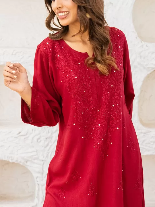 Ulfat Rayon Gold Mukaish Chikankari Straight Kurti